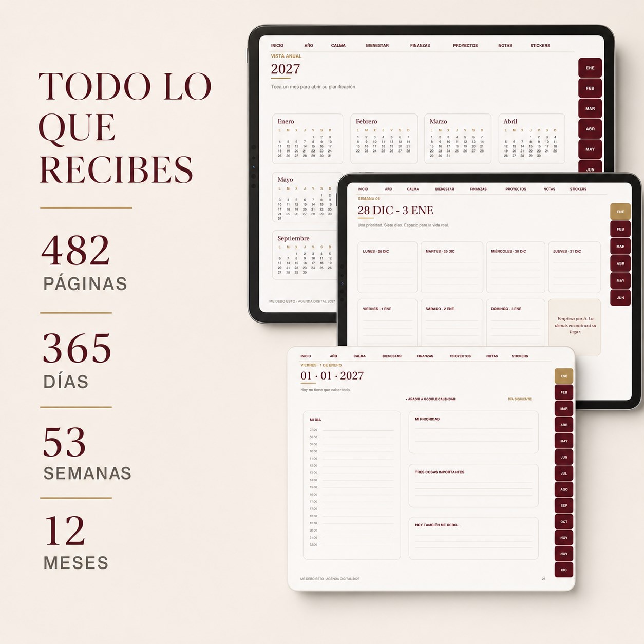 Vistas anual, semanal y diaria de la agenda digital, con 482 páginas, 365 días, 53 semanas y 12 meses