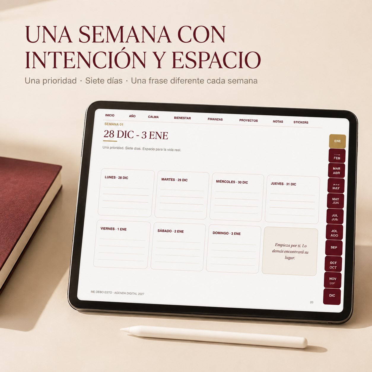 Vista semanal de la agenda digital en una tablet: una prioridad y siete días