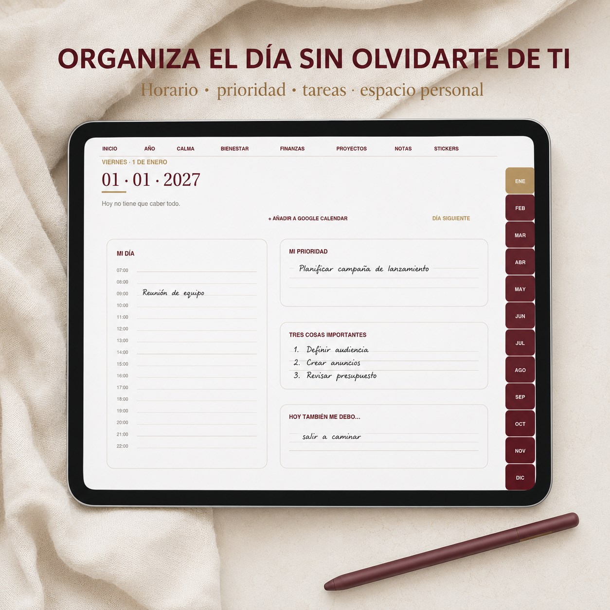 Página diaria de la agenda digital con horario, prioridad, tres cosas importantes y espacio personal