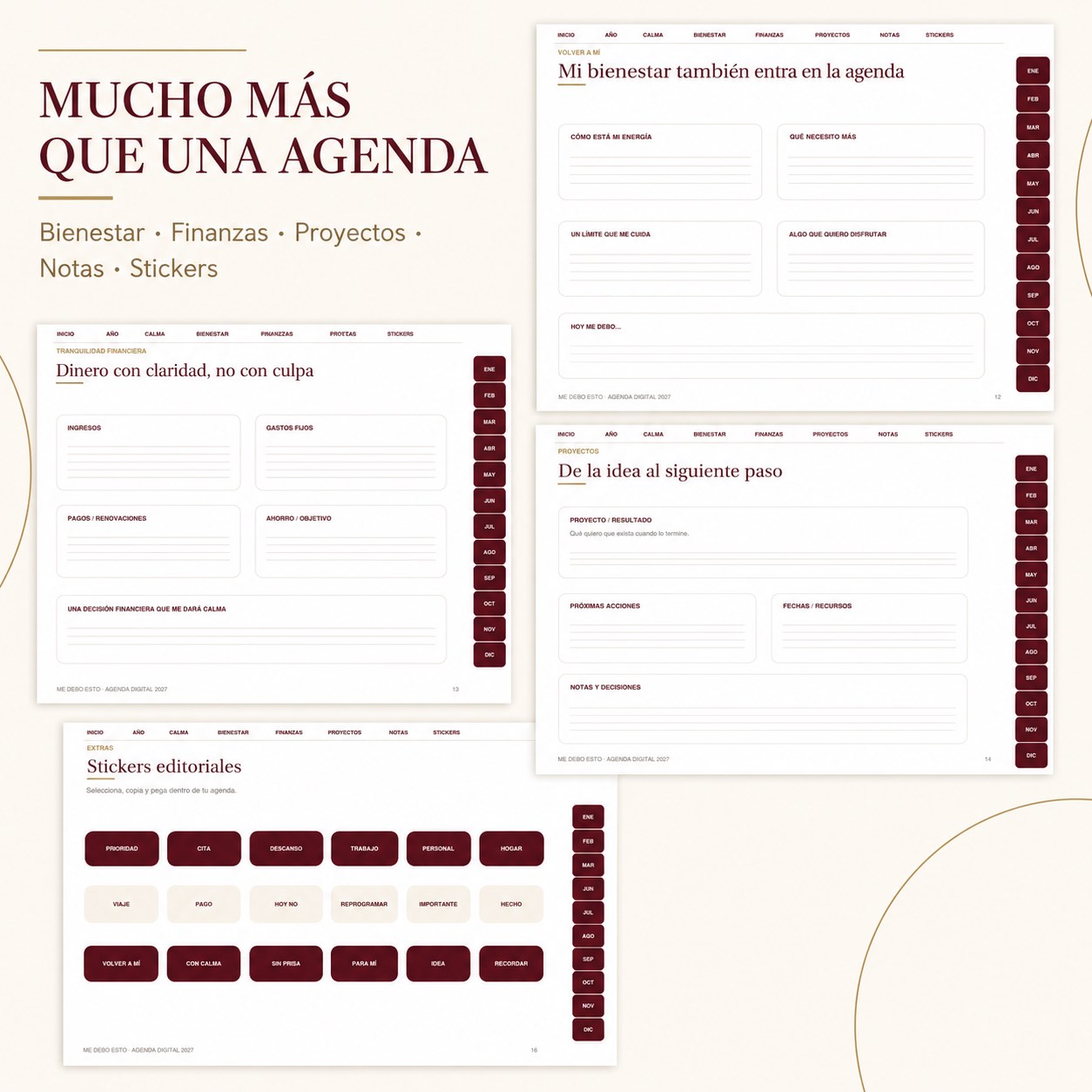 Secciones adicionales de la agenda digital: bienestar, finanzas, proyectos, notas y stickers editoriales