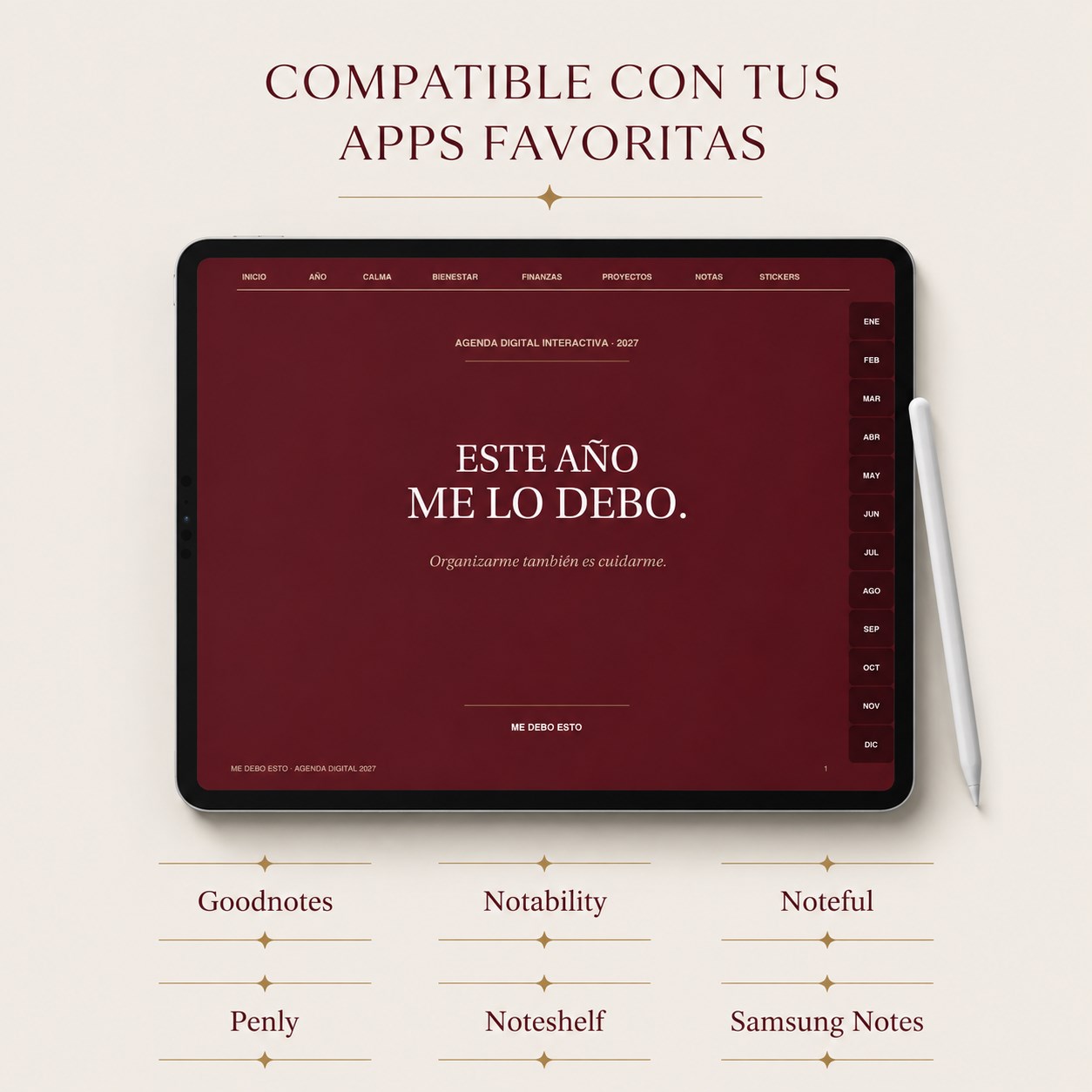 Agenda digital en una tablet junto a los nombres de varias aplicaciones de notas compatibles, entre ellas GoodNotes y Notability