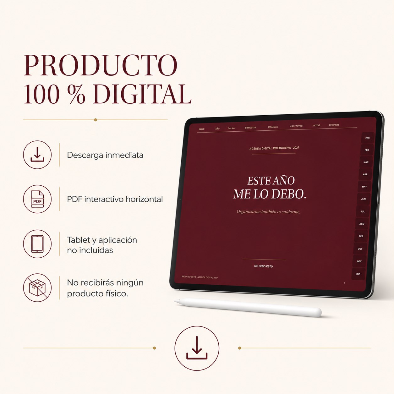 Ficha de producto 100 % digital: descarga inmediata, PDF interactivo horizontal, sin tablet ni aplicación incluidas y sin producto físico