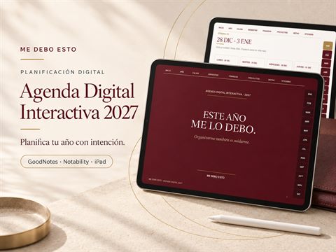 Portada de la Agenda Digital Interactiva 2027: agenda en una tablet con un lápiz digital, compatible con GoodNotes, Notability e iPad