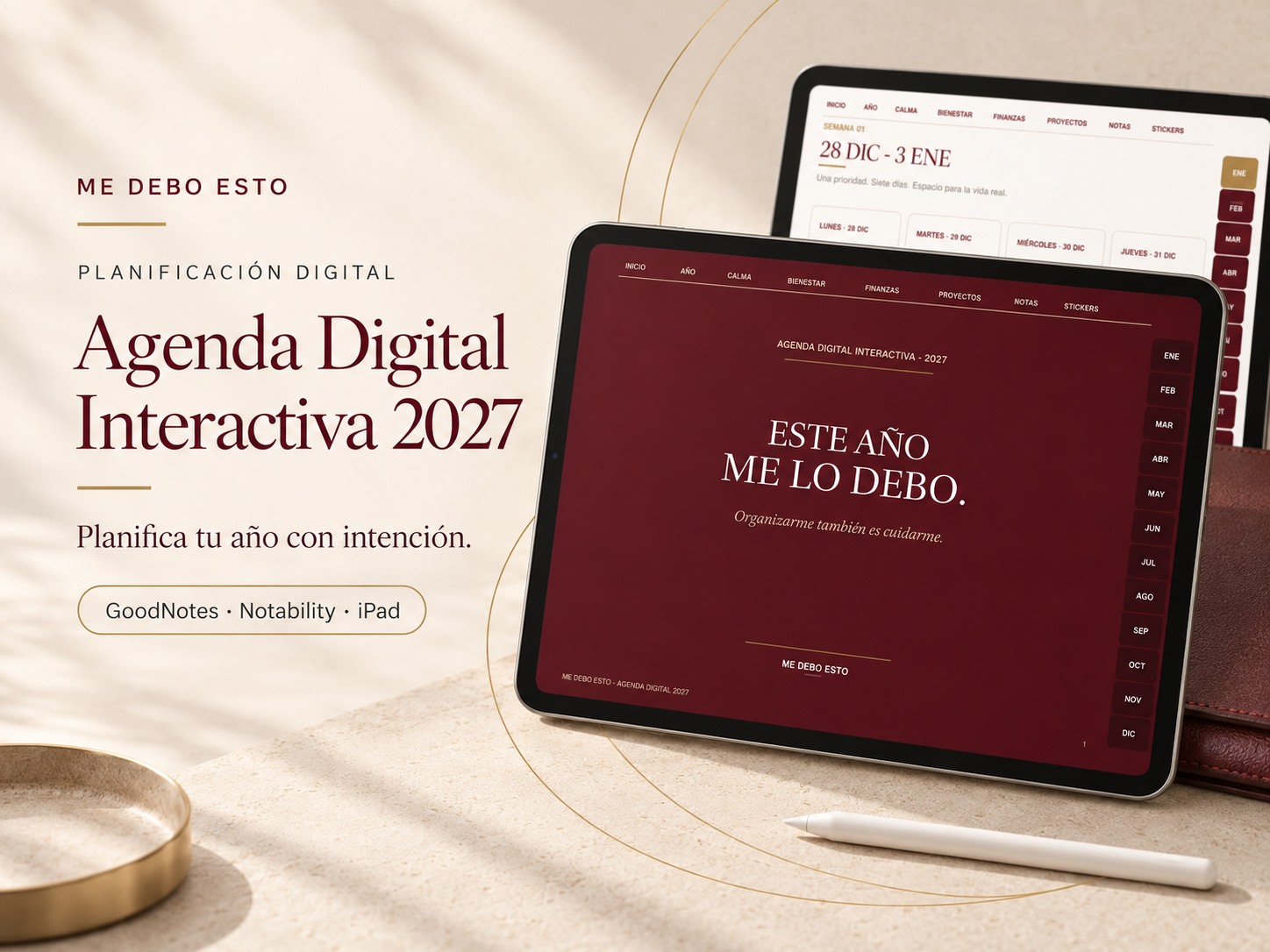 Portada de la Agenda Digital Interactiva 2027: agenda en una tablet con un lápiz digital, compatible con GoodNotes, Notability e iPad