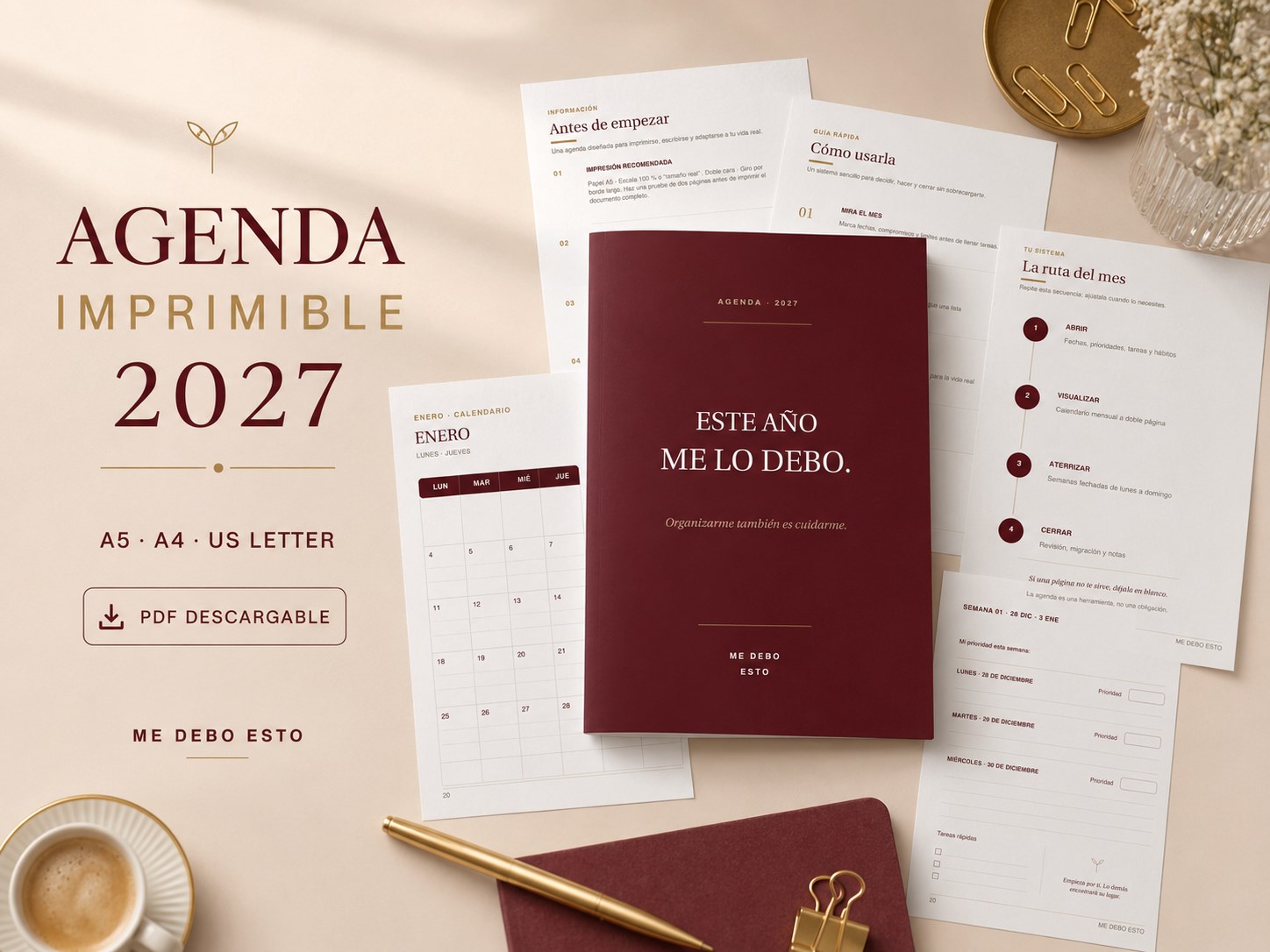 Agenda Imprimible 2027 en A5, A4 y US Letter: portada burdeos y páginas interiores sobre una mesa beige