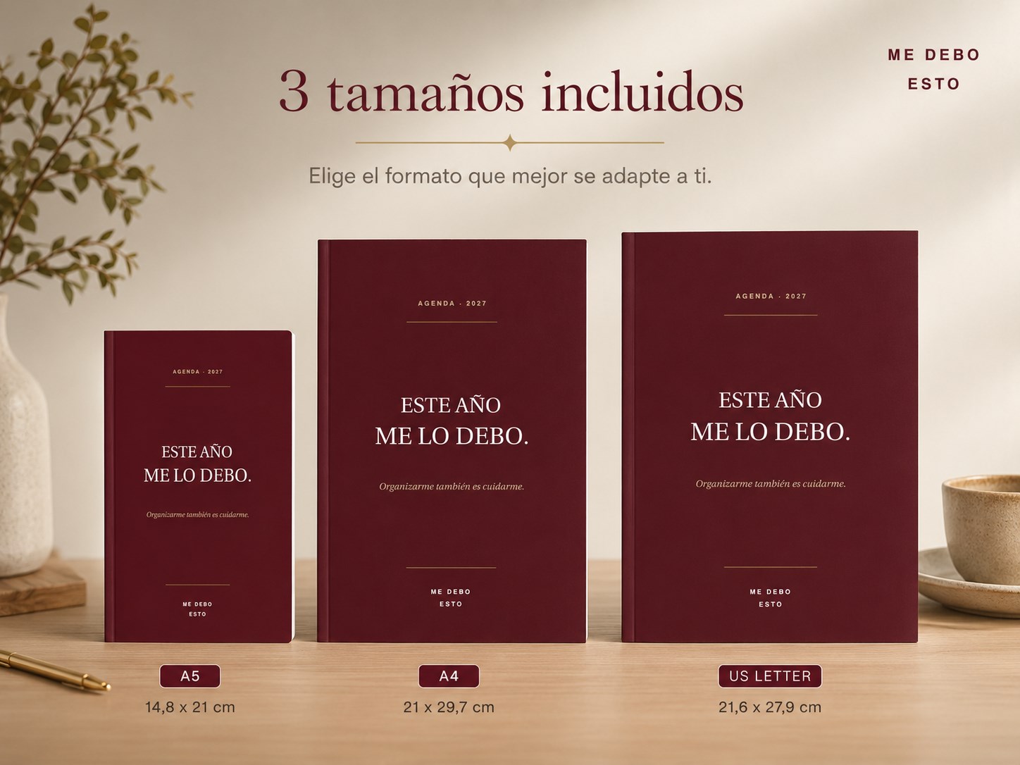 Tres tamaños incluidos: agendas A5, A4 y US Letter, una junto a otra