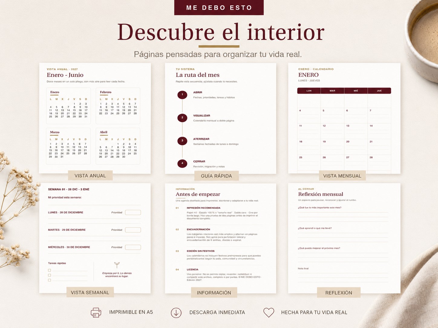 Interior de la agenda imprimible: vista anual, ruta del mes, calendario mensual y páginas semanales