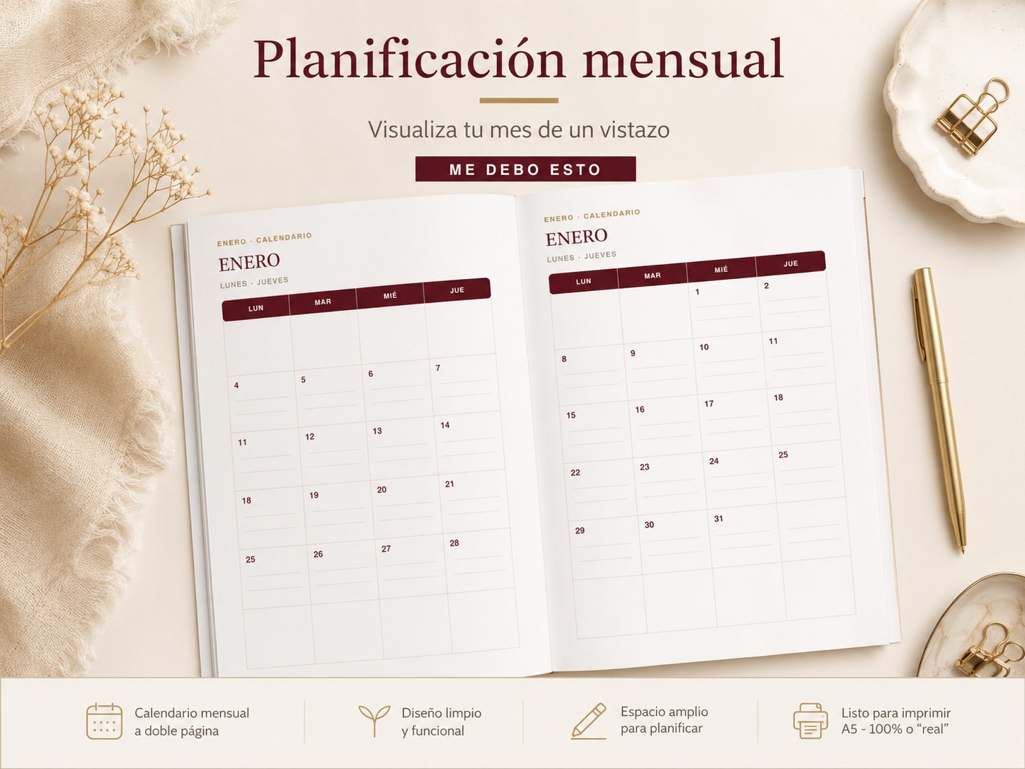 Planificación mensual: calendario mensual a doble página sobre una mesa con detalles dorados