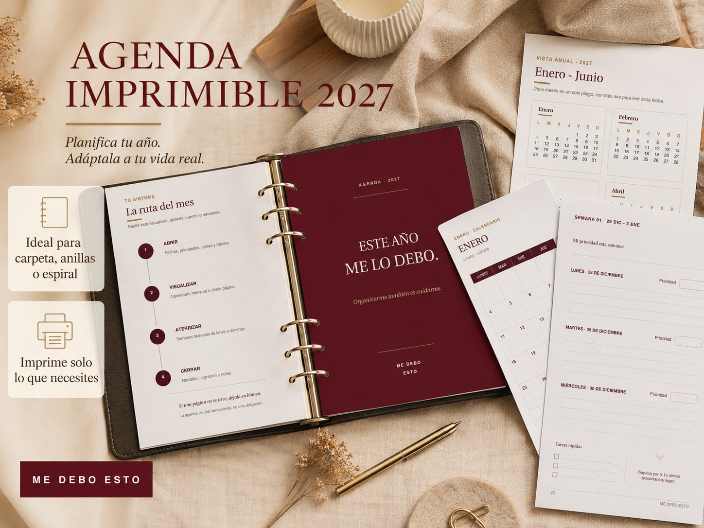 Agenda imprimible en una carpeta de anillas sobre un textil beige