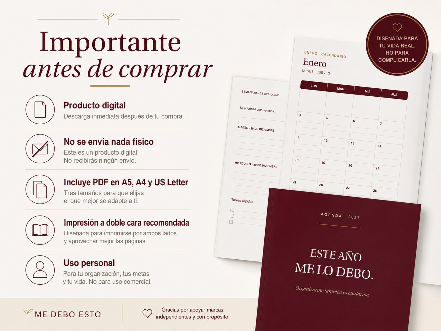 Información importante antes de comprar: producto digital, no se envía nada físico, PDF en A5, A4 y US Letter, impresión a doble cara recomendada y uso personal
