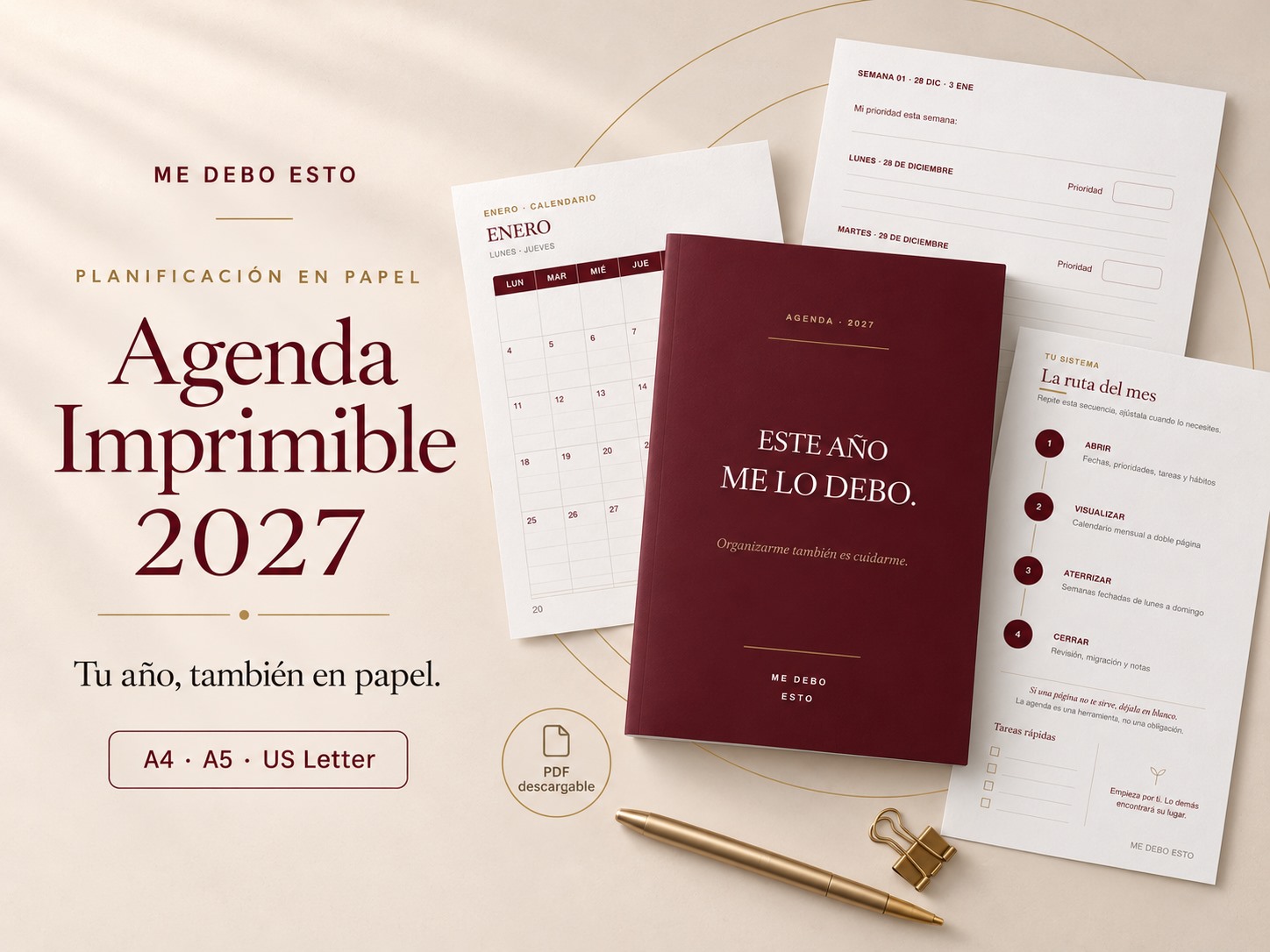 Portada de la Agenda Imprimible 2027: agenda con cubierta burdeos y páginas interiores, disponible en A4, A5 y US Letter