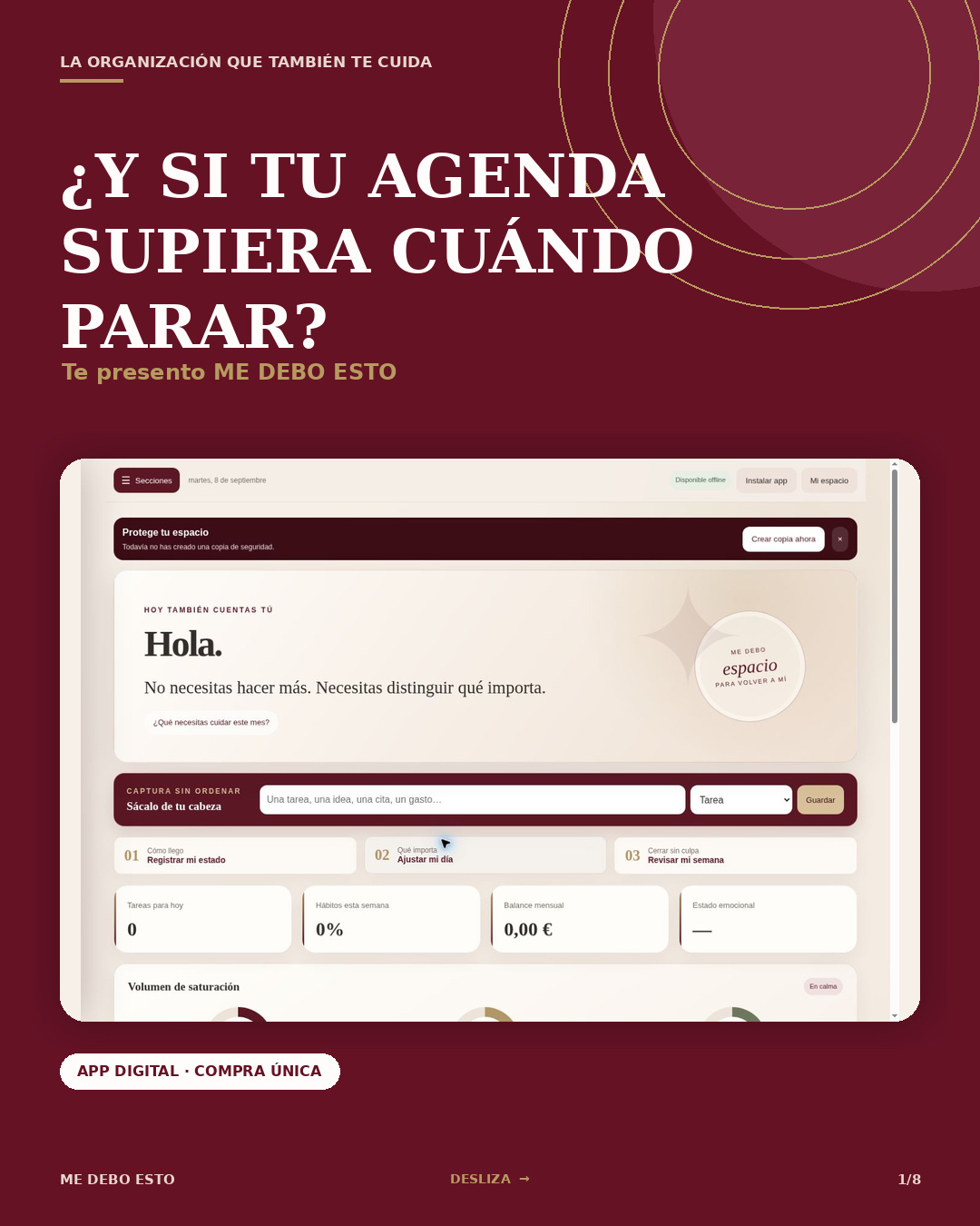 Presentación de la app Me Debo Esto: «¿Y si tu agenda supiera cuándo parar?», con su pantalla de inicio