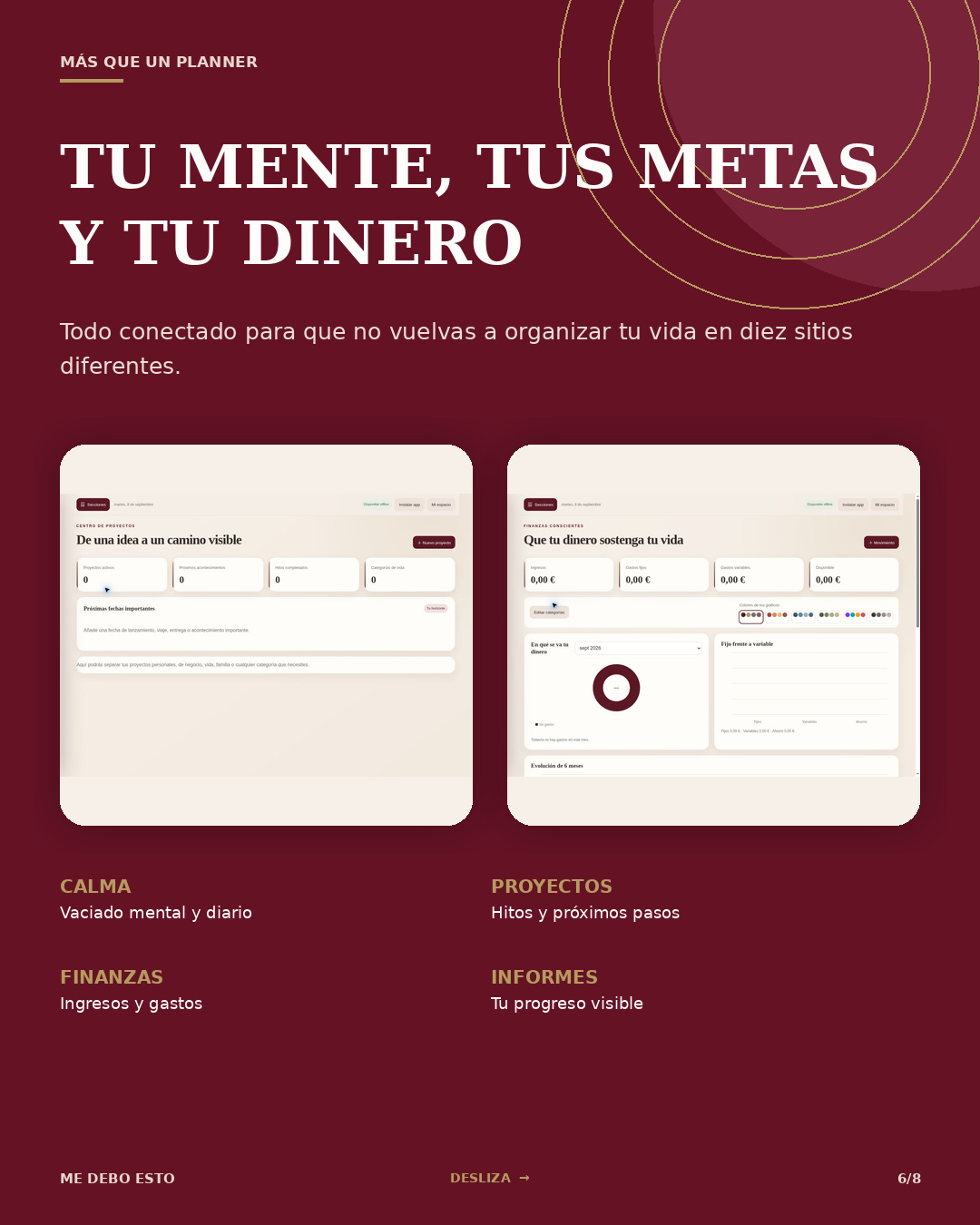 Tu mente, tus metas y tu dinero: pantallas de proyectos y de finanzas de la app
