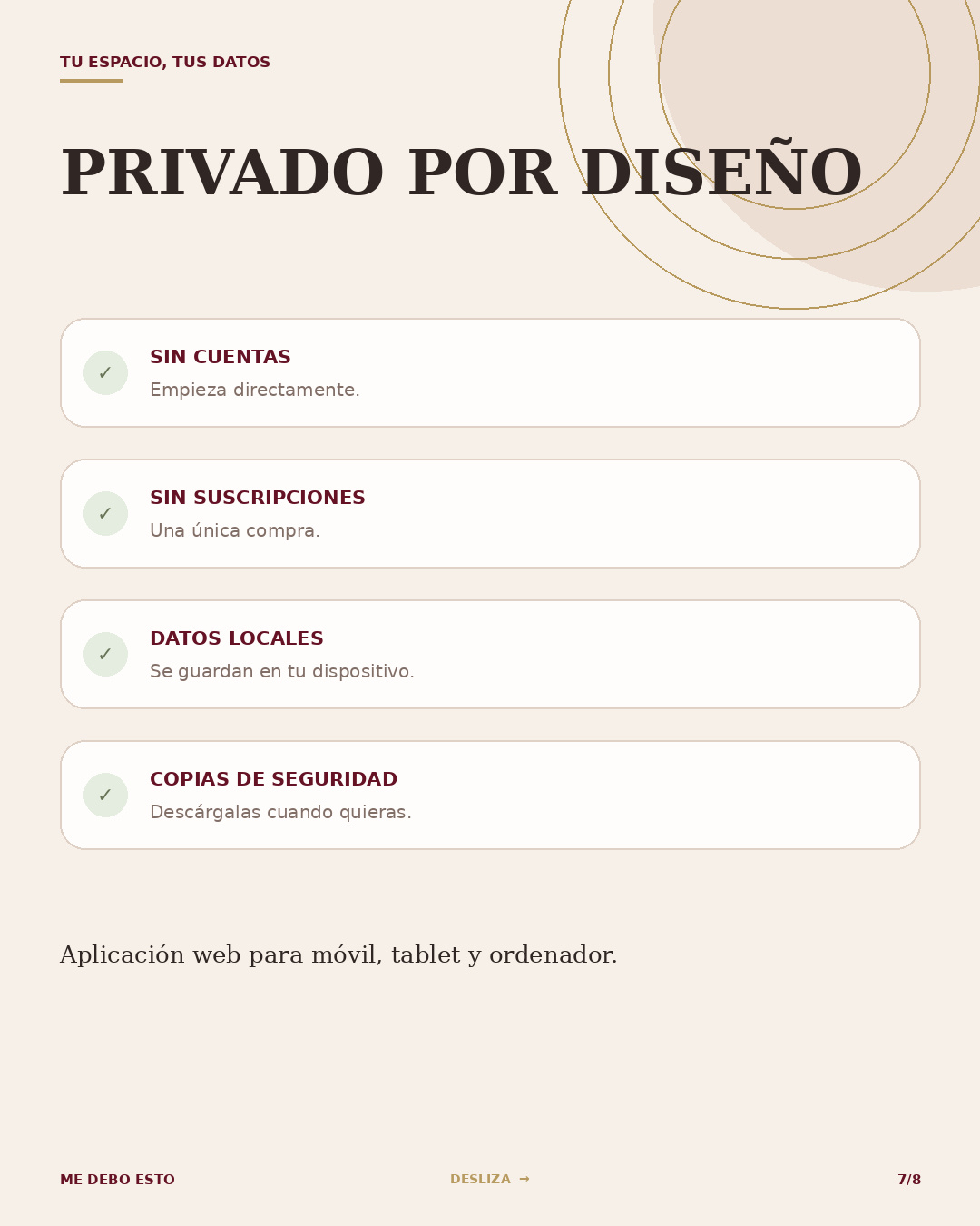 Privado por diseño: sin cuentas, sin suscripciones, datos locales y copias de seguridad, en móvil, tablet y ordenador
