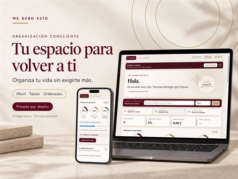 Portada de la app de organización consciente Me Debo Esto: «Tu espacio para volver a ti», en móvil y ordenador